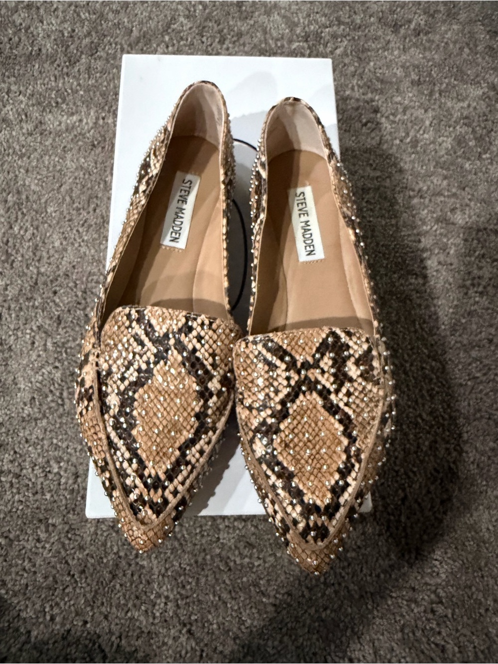 Steve Madden Tan Snake-Print Feather Studded Loafer